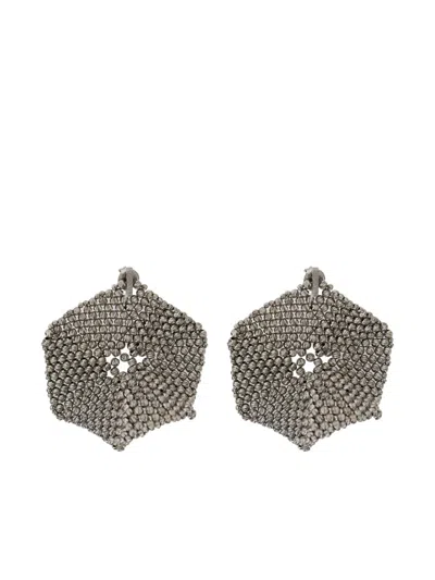 Brunello Cucinelli Metallic Hexagonal Earings With Beads Embellishments In Silver Woman