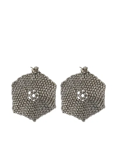 Brunello Cucinelli Metallic Hexagonal Earings With Beads Embellishments In Silver Woman