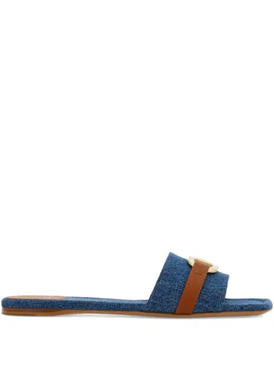 Ferragamo Leah Gancini Bit Denim Slide Sandals In Blue