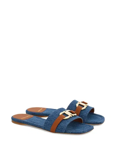 Ferragamo Leah Gancini Bit Denim Slide Sandals In Blue