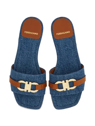 Ferragamo Leah Gancini Bit Denim Slide Sandals In Blue