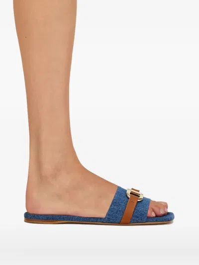 Ferragamo Leah Gancini Bit Denim Slide Sandals In Blue