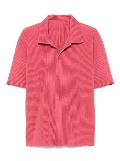 Issey Miyake Ns Dusky Red Pleated Spread-collar Short-sleeve Knitted Shirt