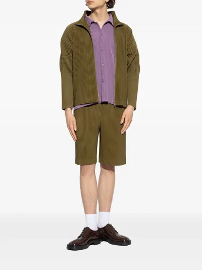 Issey Miyake Ns Viola Purple Pleated Spread-collar Short-sleeve Knitted Shirt
