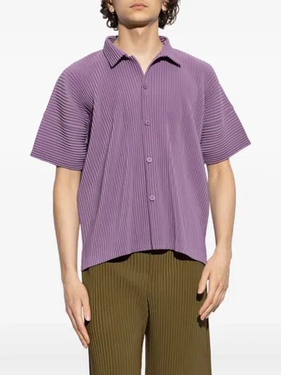 Issey Miyake Ns Viola Purple Pleated Spread-collar Short-sleeve Knitted Shirt