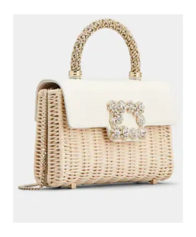 Roger Vivier Wicker Jewel Mini Flower Strass Buckle Clutch Bag In Leather And Rattan