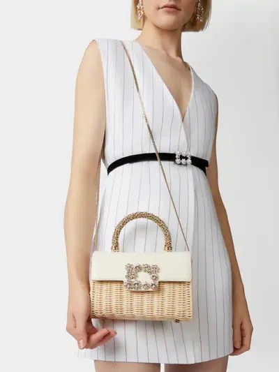 Roger Vivier Wicker Jewel Mini Flower Strass Buckle Clutch Bag In Leather And Rattan