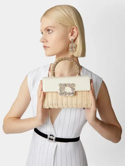 Roger Vivier Wicker Jewel Mini Flower Strass Buckle Clutch Bag In Leather And Rattan