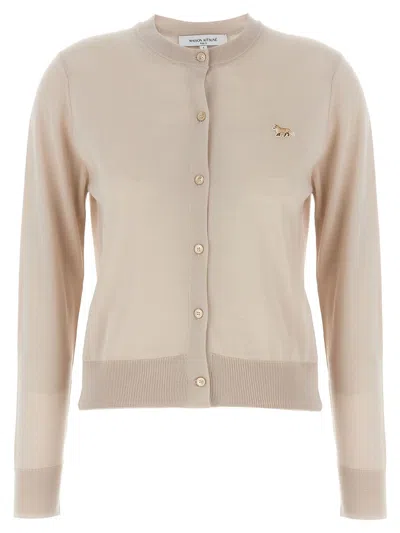 Maison Kitsuné Beige Cropped Cardigan With Round Neck And Logo Embroidery On The Front In Wool Woman