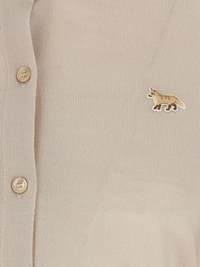 Maison Kitsuné Beige Cropped Cardigan With Round Neck And Logo Embroidery On The Front In Wool Woman
