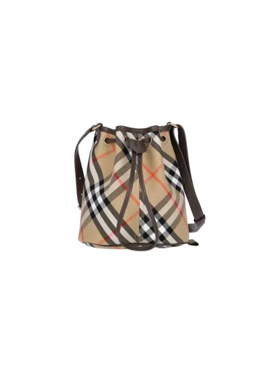 Burberry Beige Cotton Check Drawstring Bag