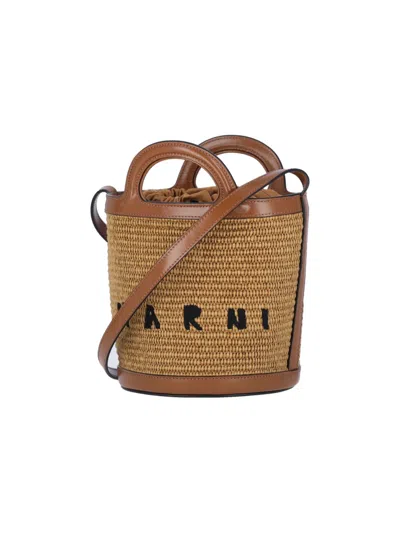 Marni Light Brown Woven Fabric And Leather Bag With Circular Handles
