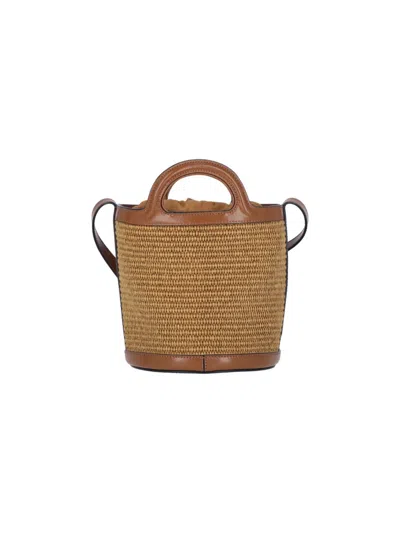 Marni Light Brown Woven Fabric And Leather Bag With Circular Handles