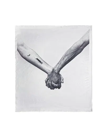 Rick Owens Square White Silk Scarf With Joined Hands Print