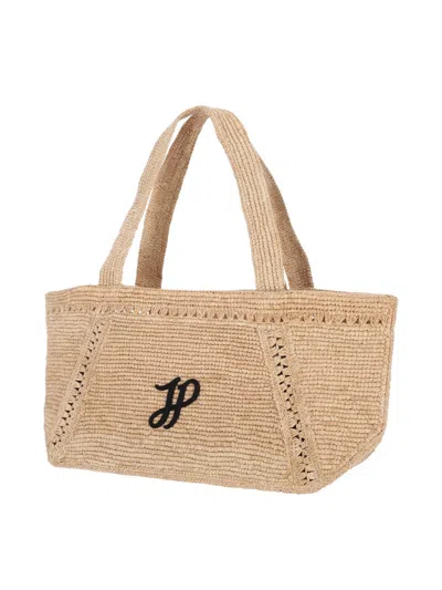 Patou Structured Raffia Tote Bag With Intricate Detailing In Brown