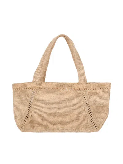 Patou Structured Raffia Tote Bag With Intricate Detailing In Brown