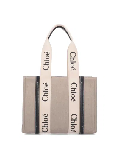 Chloé Linen Shoulder Bag With Logo Print. This Bag Is Made With Lower Environmental Impact Material