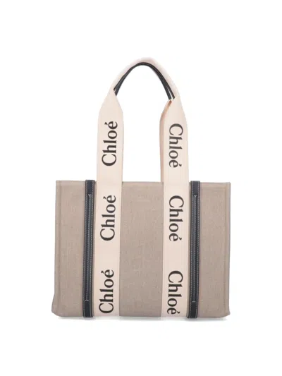 Chloé Linen Shoulder Bag With Logo Print. This Bag Is Made With Lower Environmental Impact Material