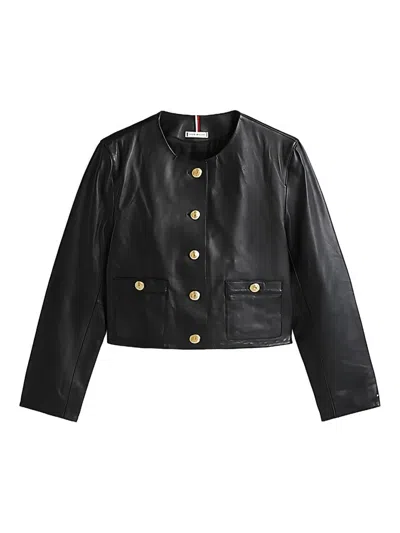 Tommy Hilfiger Cropped Collarless Leather Jacket