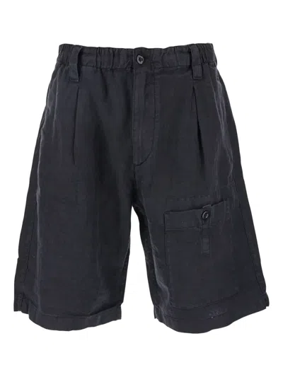 C.p. Company Blue Bermuda Pants With Elastic Waist And Logo Patch On The Rear In Linen Man