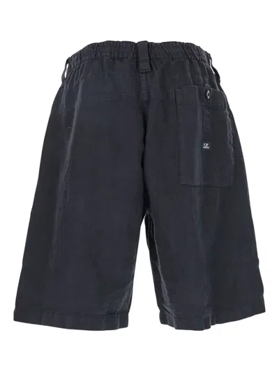 C.p. Company Blue Bermuda Pants With Elastic Waist And Logo Patch On The Rear In Linen Man