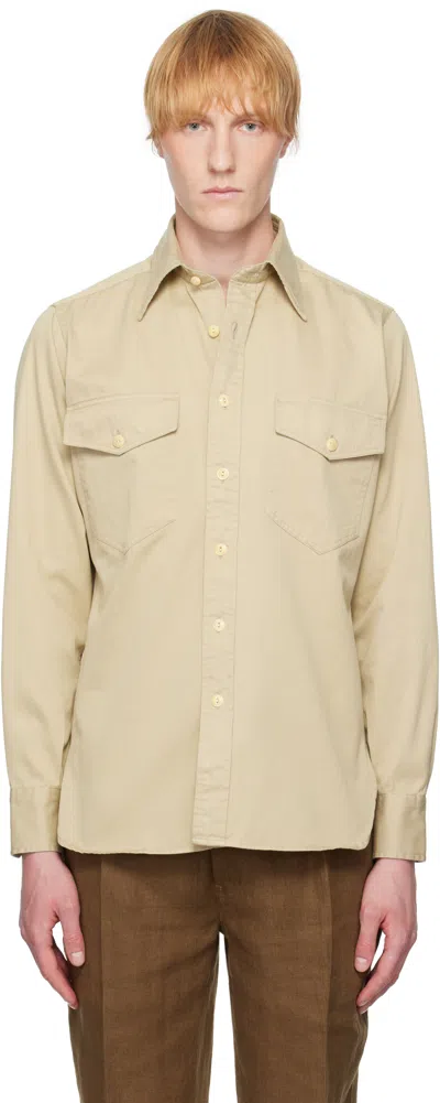Drake's Beige Stone Cotton Long Point Collar Work Shirt