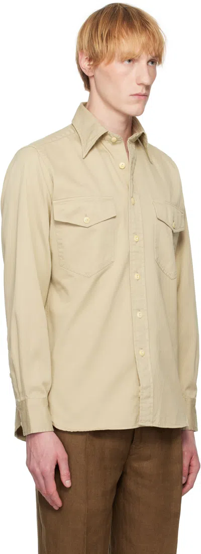 Drake's Beige Stone Cotton Long Point Collar Work Shirt