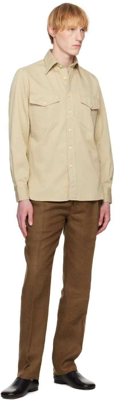 Drake's Beige Stone Cotton Long Point Collar Work Shirt