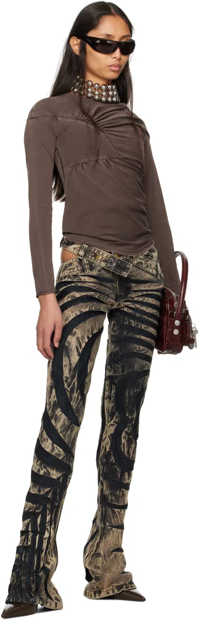 Masha Popova Beige & Black Asymmetric Ripple Skinny Jeans