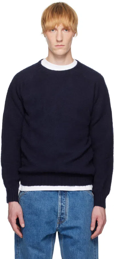Drake's Navy Brushed Shetland Crew Neck Sweater