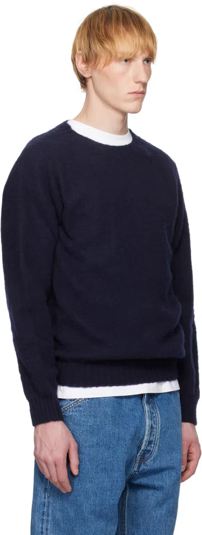 Drake's Navy Brushed Shetland Crew Neck Sweater