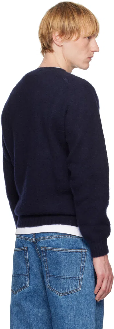 Drake's Navy Brushed Shetland Crew Neck Sweater