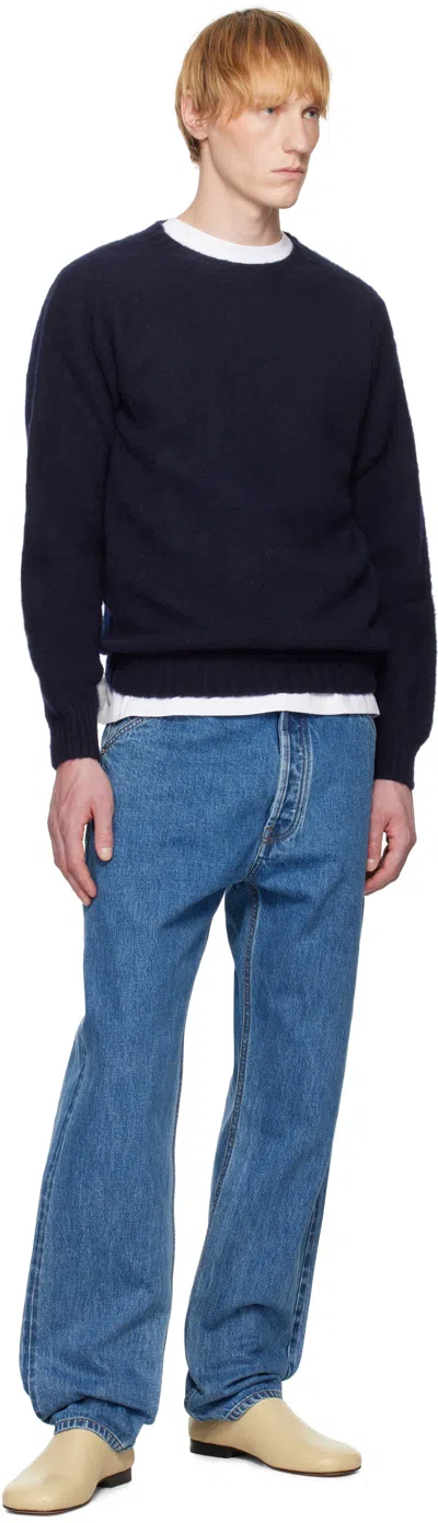 Drake's Navy Brushed Shetland Crew Neck Sweater