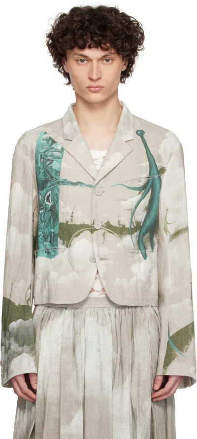 Undercover Mens Printed Crop Linen Jacket Natural Base