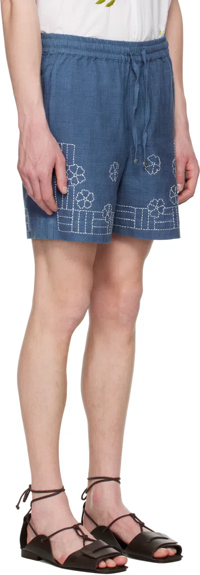 Harago Navy Embroidered Floral Shorts