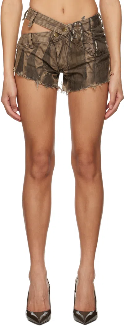 Masha Popova Brown Asymmetric Tribal Mini Denim Shorts