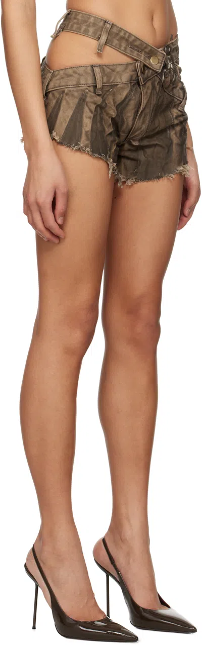 Masha Popova Brown Asymmetric Tribal Mini Denim Shorts