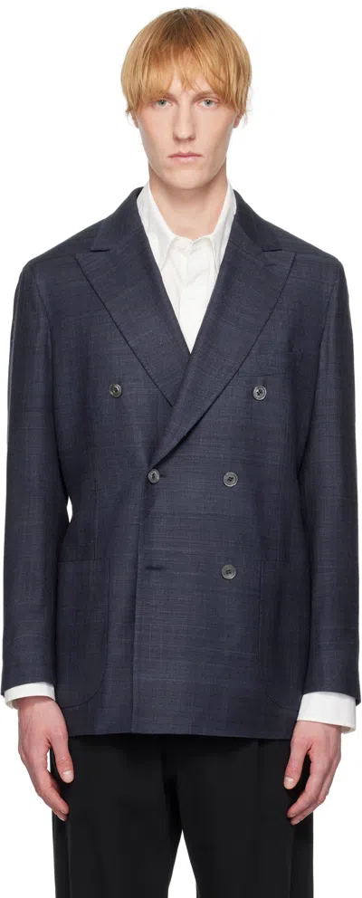 Drake's Navy Tussah Silk Double-breasted Tailored Blazer