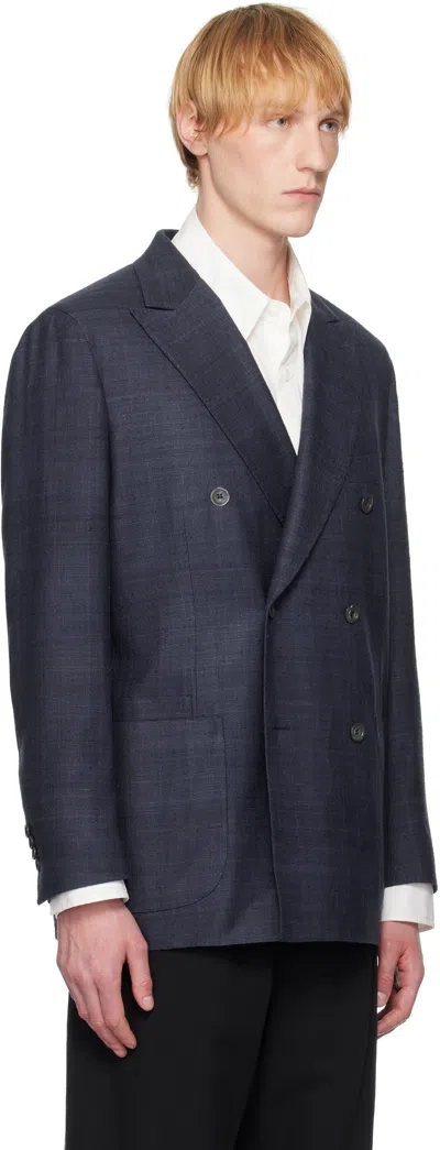 Drake's Navy Tussah Silk Double-breasted Tailored Blazer