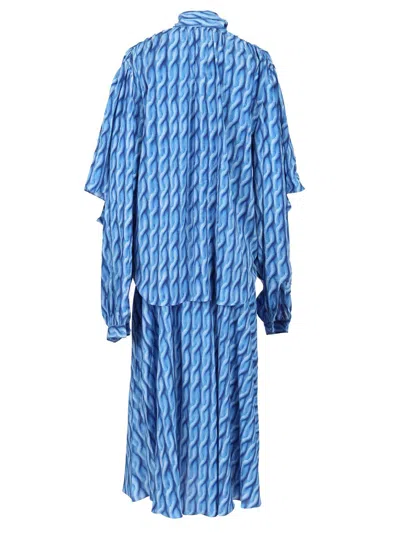 Balenciaga Blue Long Dress With All-over Print And Bow Closure In Fabric Woman