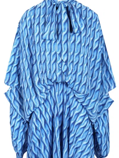 Balenciaga Blue Long Dress With All-over Print And Bow Closure In Fabric Woman