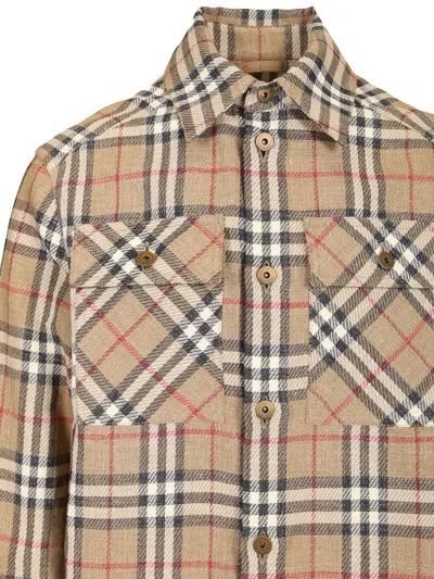 Burberry Mens  Check-print Curved Hem Cotton And Linen Shirt