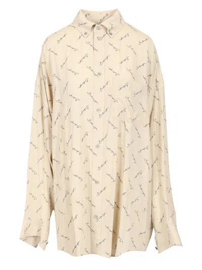 Balenciaga Beige Oversized Shirt With All-over Printed Logo In Viscose Woman