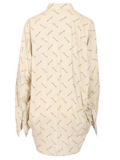 Balenciaga Beige Oversized Shirt With All-over Printed Logo In Viscose Woman