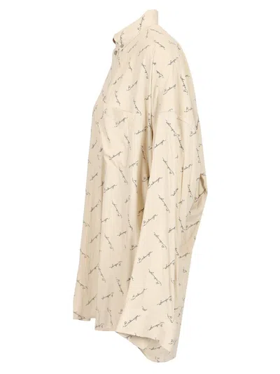 Balenciaga Beige Oversized Shirt With All-over Printed Logo In Viscose Woman