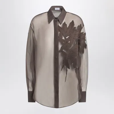 Brunello Cucinelli Brown Shirt With Semi-transparent Design And Embroidery On The Front In Silk Woman In Brown