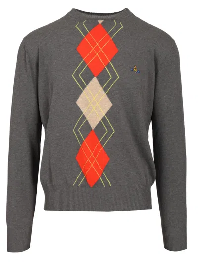 Vivienne Westwood Grey Crew Neck Sweater With Diamond Pattern Knitwear Grey