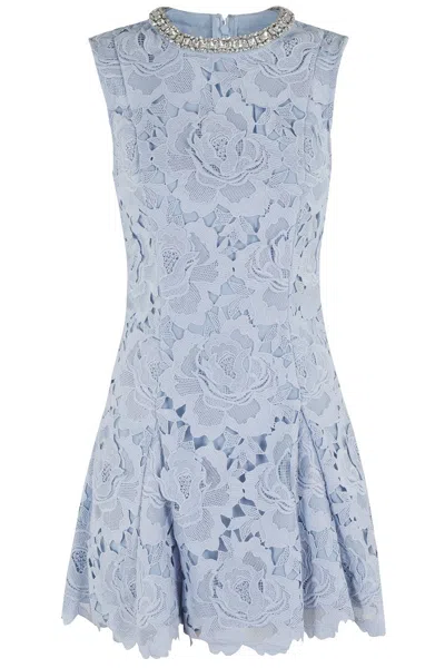 Self-portrait Bue Crewneck Mini Dress With Rhinestoned Collar And All-over Floral Lace Embroidery In Tech Fabric W