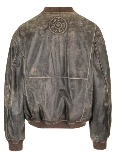 Acne Studios Black Distressed Leather Bomber Jacket