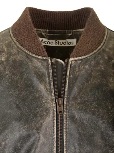 Acne Studios Black Distressed Leather Bomber Jacket